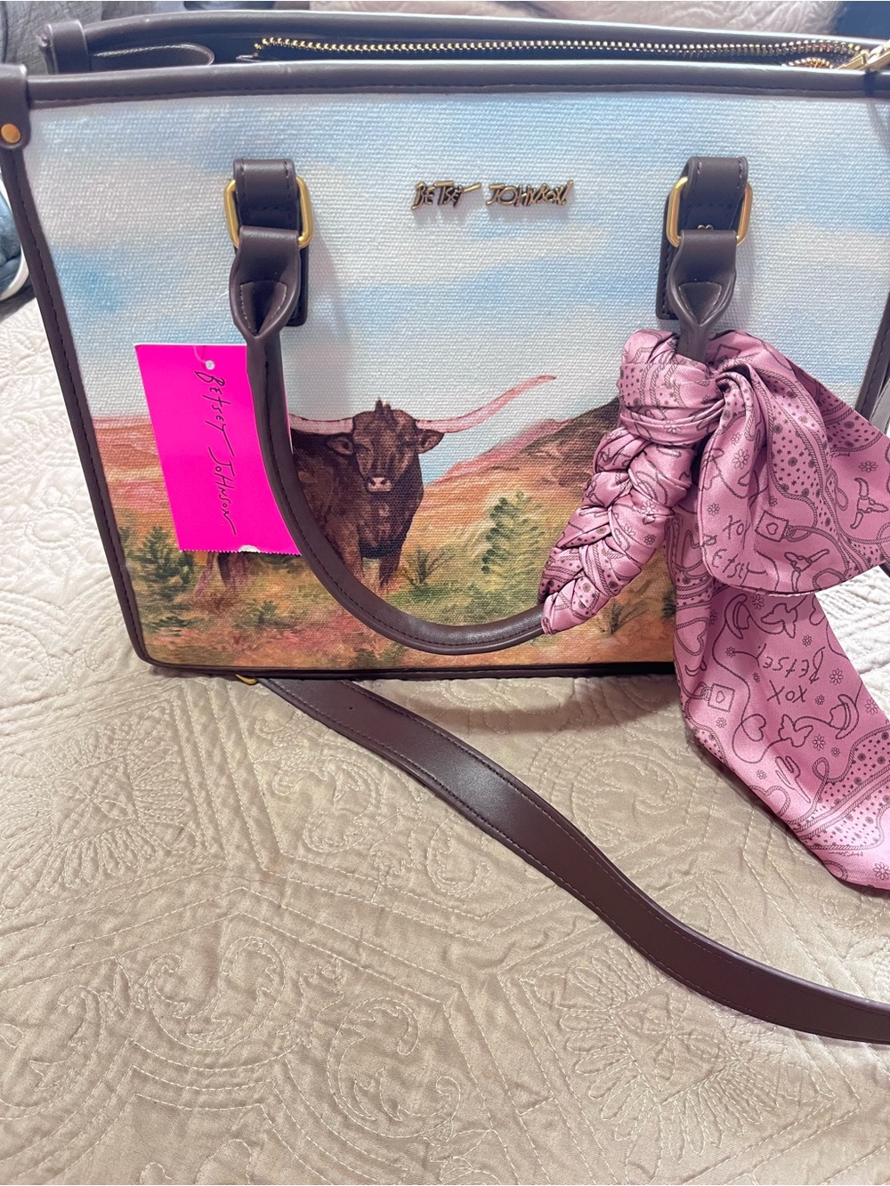 Betsey Johnson Pink and Sky Blue Scenic Satchel with Brown Trim